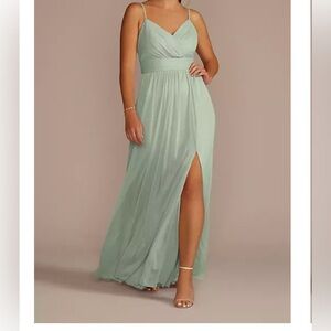 David’s Bridal Dusty Sage Spaghetti Strap Ruched Waist Mesh Bridesmaid Dress